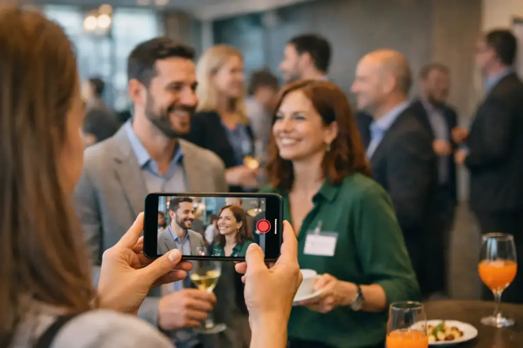 Personas grabando contenido para redes sociales durante un evento de networking corporativo