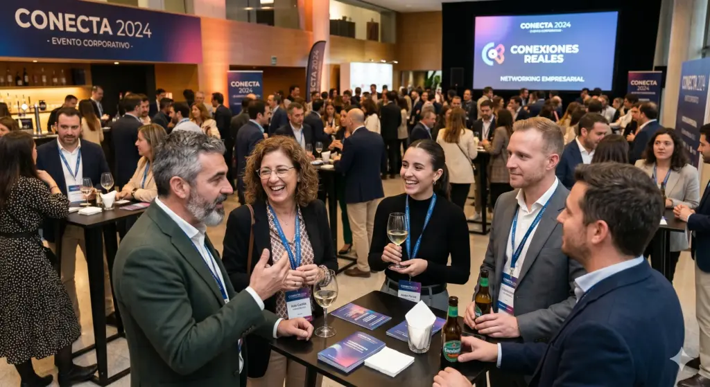 Evento corporativo con interacción real entre asistentes en espacio singular para empresas
