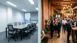 Comparativa entre sala de reuniones corporativa y espacio singular para eventos de empresa
