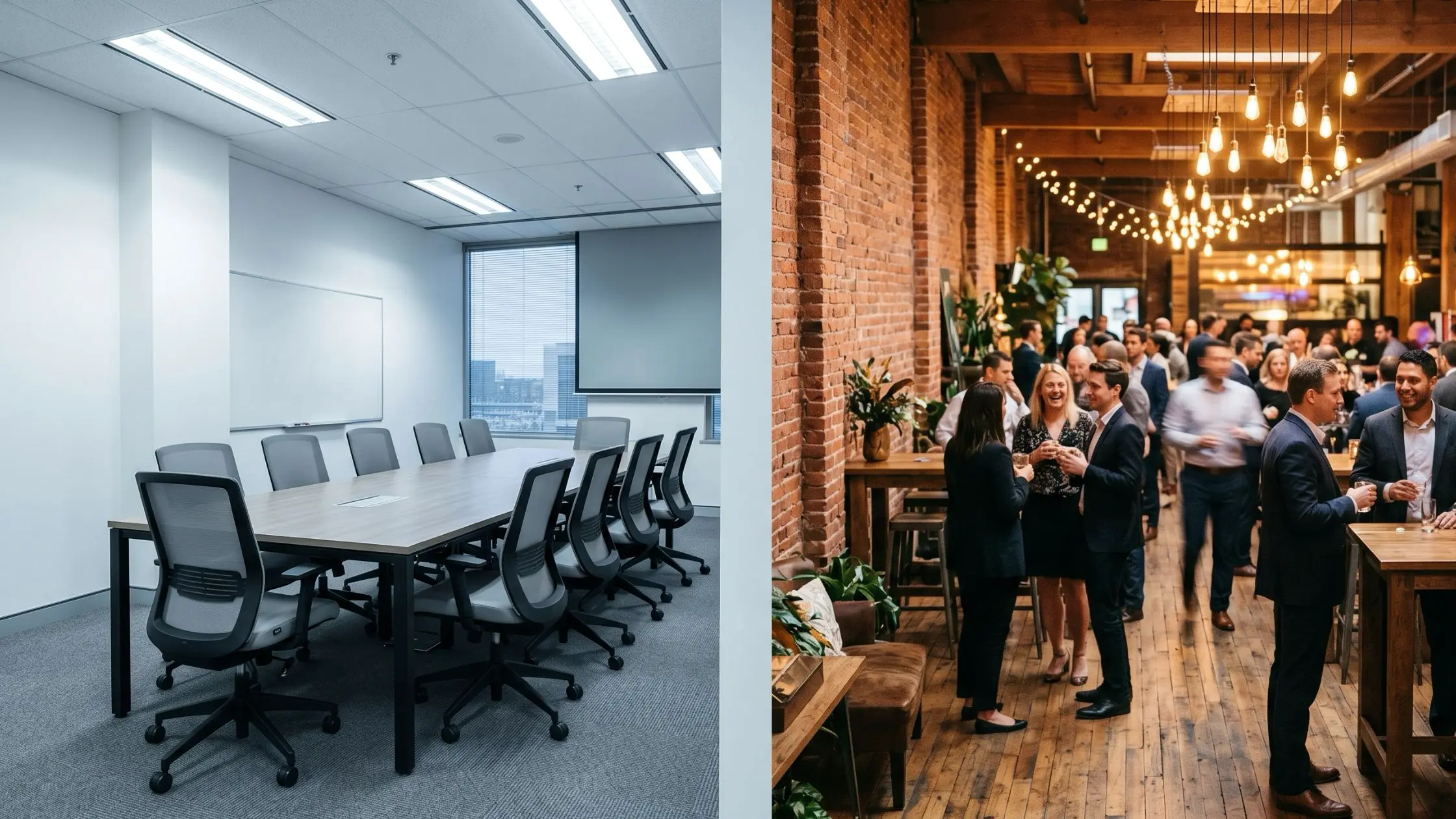 Comparativa entre sala de reuniones corporativa y espacio singular para eventos de empresa