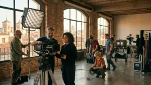 Equipo de rodaje preparando producción publicitaria en localización industrial en Madrid