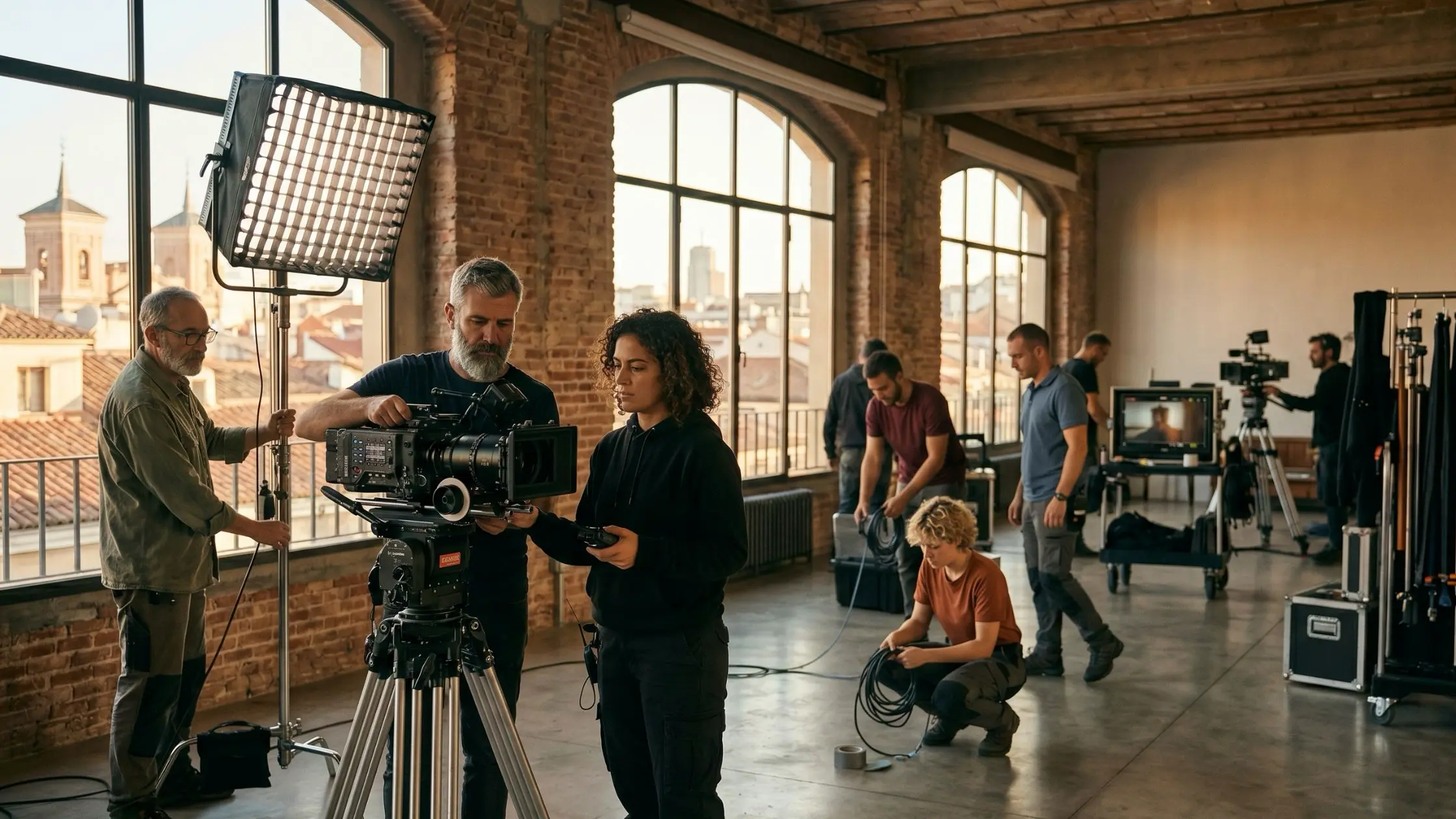 Equipo de rodaje preparando producción publicitaria en localización industrial en Madrid