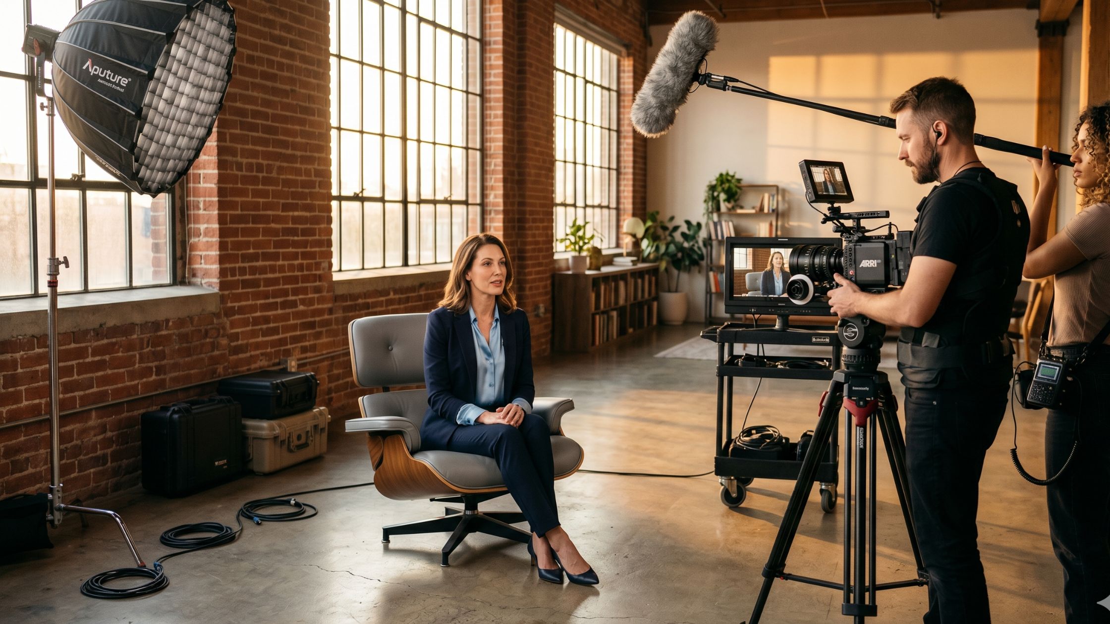 Producción de vídeo corporativo en espacio singular con luz natural y equipo profesional