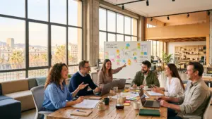 Grupo de profesionales en espacio de formación en Barcelona con luz natural y mobiliario flexible