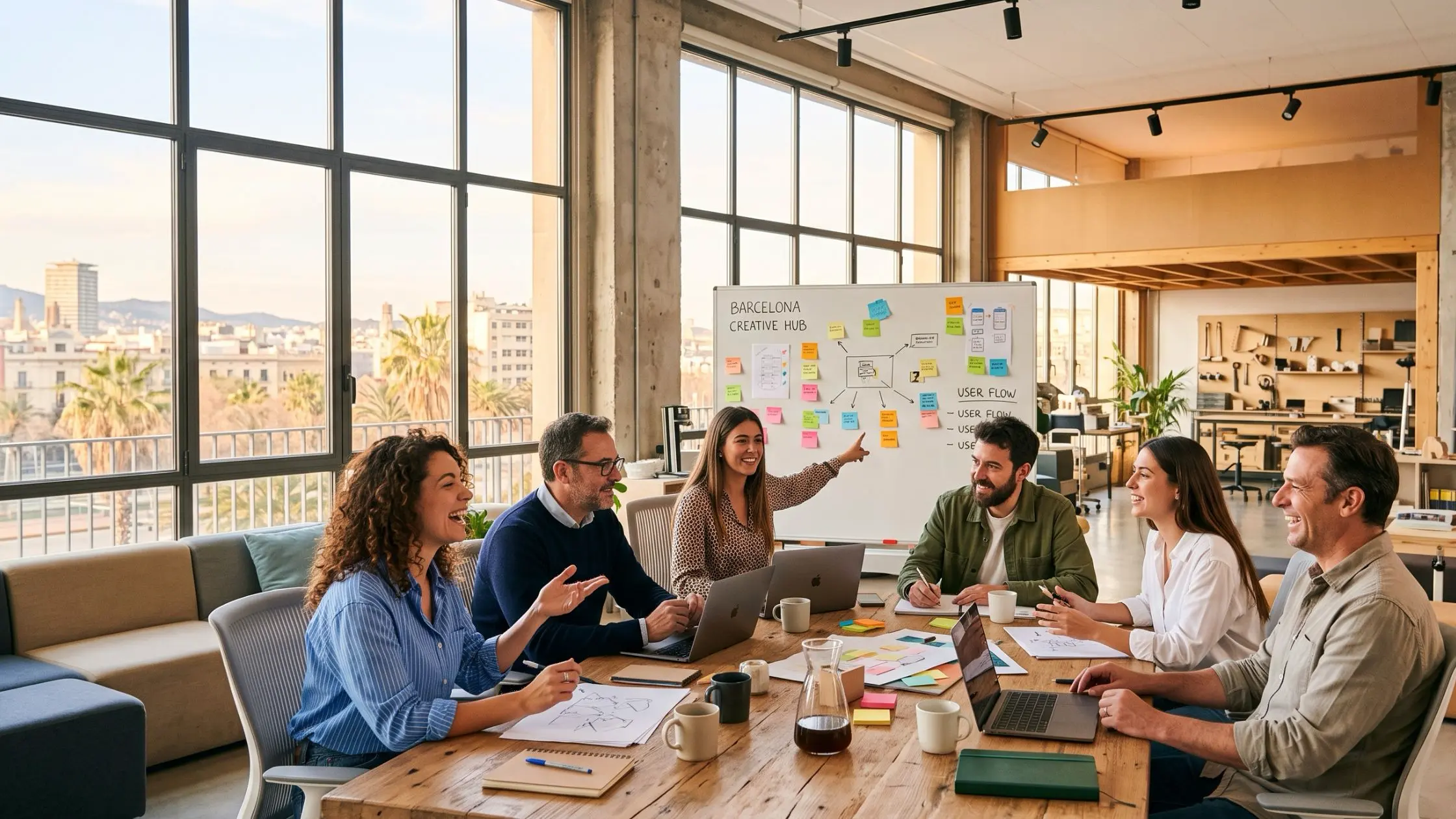 Grupo de profesionales en espacio de formación en Barcelona con luz natural y mobiliario flexible