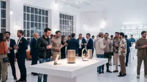 Lanzamiento de producto en espacio industrial de Madrid con iluminación profesional y montaje de showroom