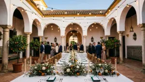 Evento corporativo en patio andaluz con iluminación cálida y arquitectura histórica