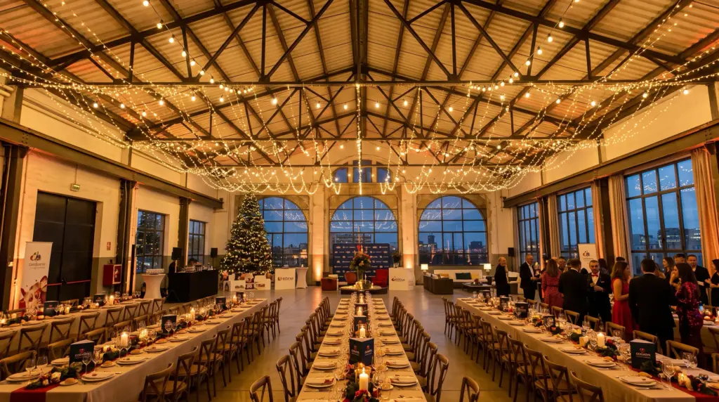 Loft industrial decorado para cena de Navidad de empresa con iluminación festiva