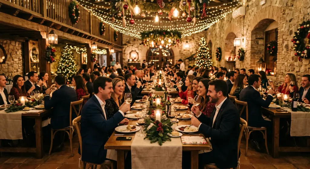 Mesa preparada para cena de Navidad de empresa en espacio con decoración festiva
