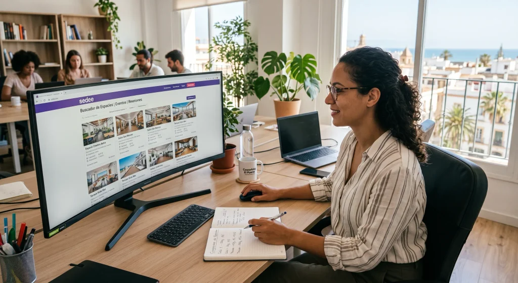 Organizador de eventos comparando espacios para evento de empresa en plataforma digital
