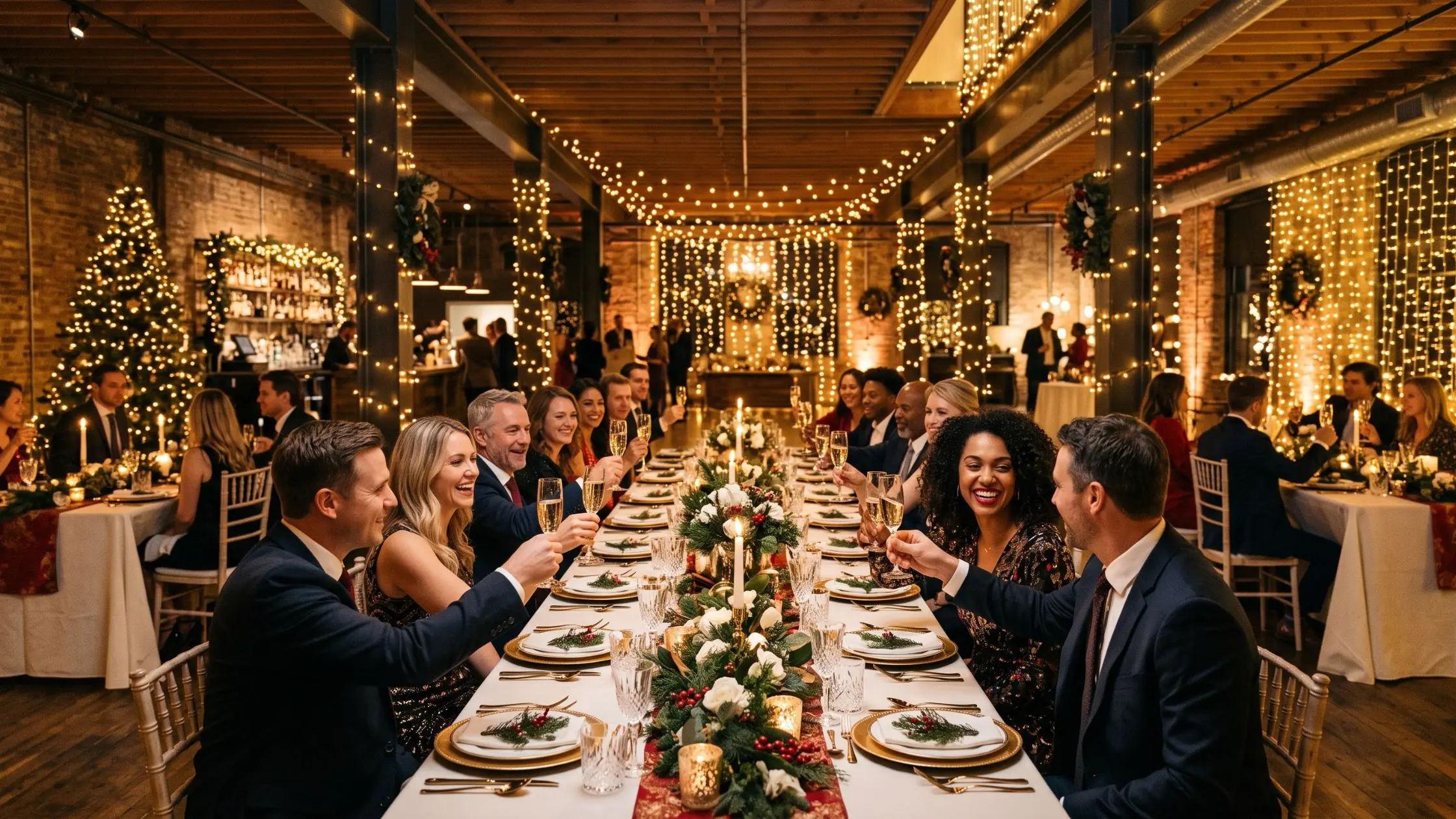 Cena de Navidad de empresa en espacio singular con decoración festiva e iluminación cálida