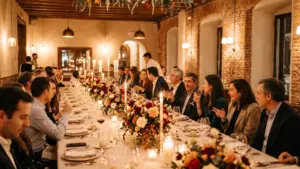 Cena de empresa en espacio singular de Madrid con montaje elegante e iluminación cálida