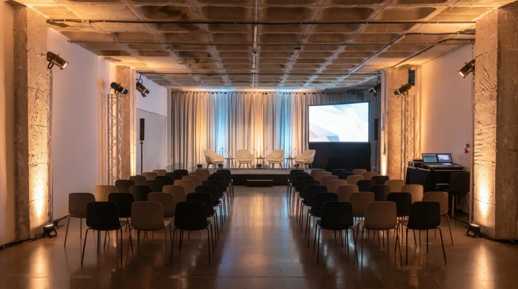Espacio singular preparado para evento corporativo con montaje profesional