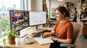 Profesional de agencia de eventos buscando y comparando espacios para un cliente