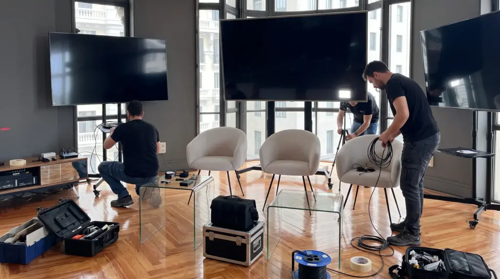 Montaje de evento corporativo con equipo técnico preparando espacio y producción
