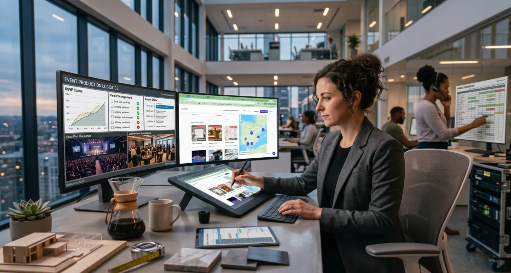 Guía para agencias de eventos: cómo encontrar espacios para clientes sin perder tiempo Profesional de agencia de eventos comparando espacios en plataforma digital para un cliente